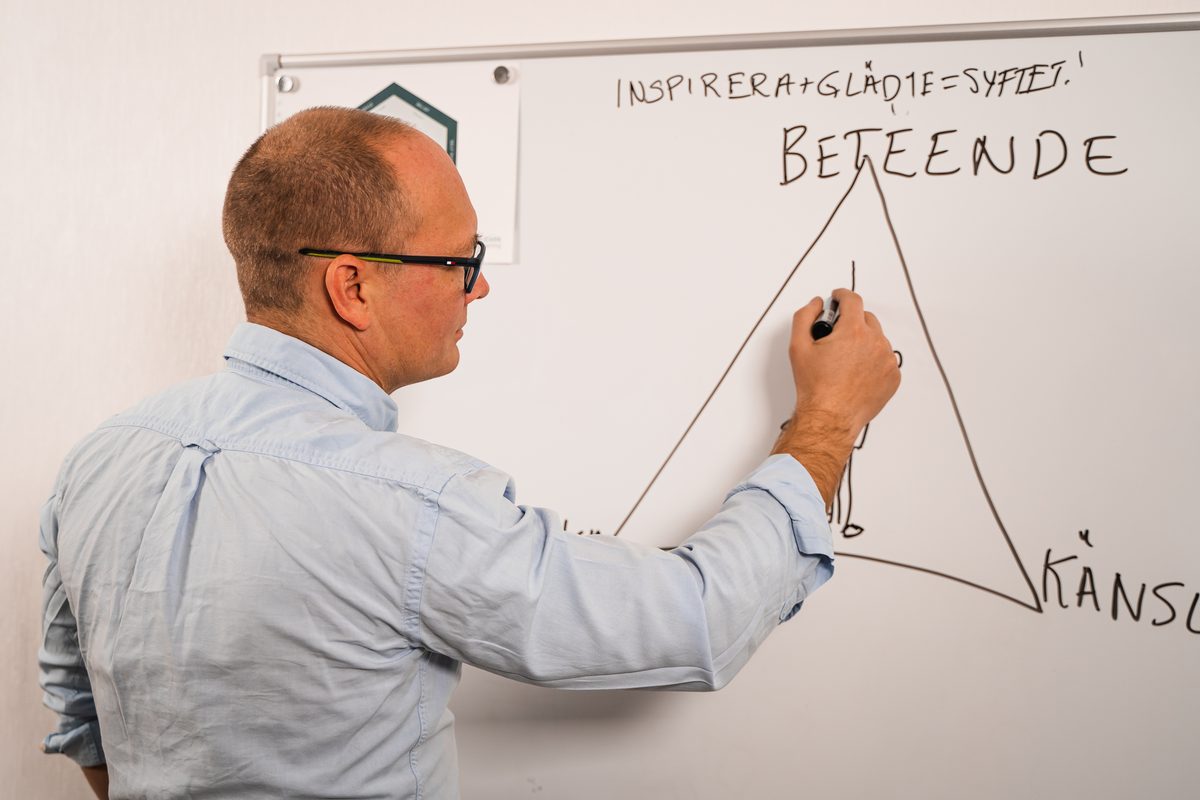 Niclas Bjälkenborn förklarar en modell på whiteboard